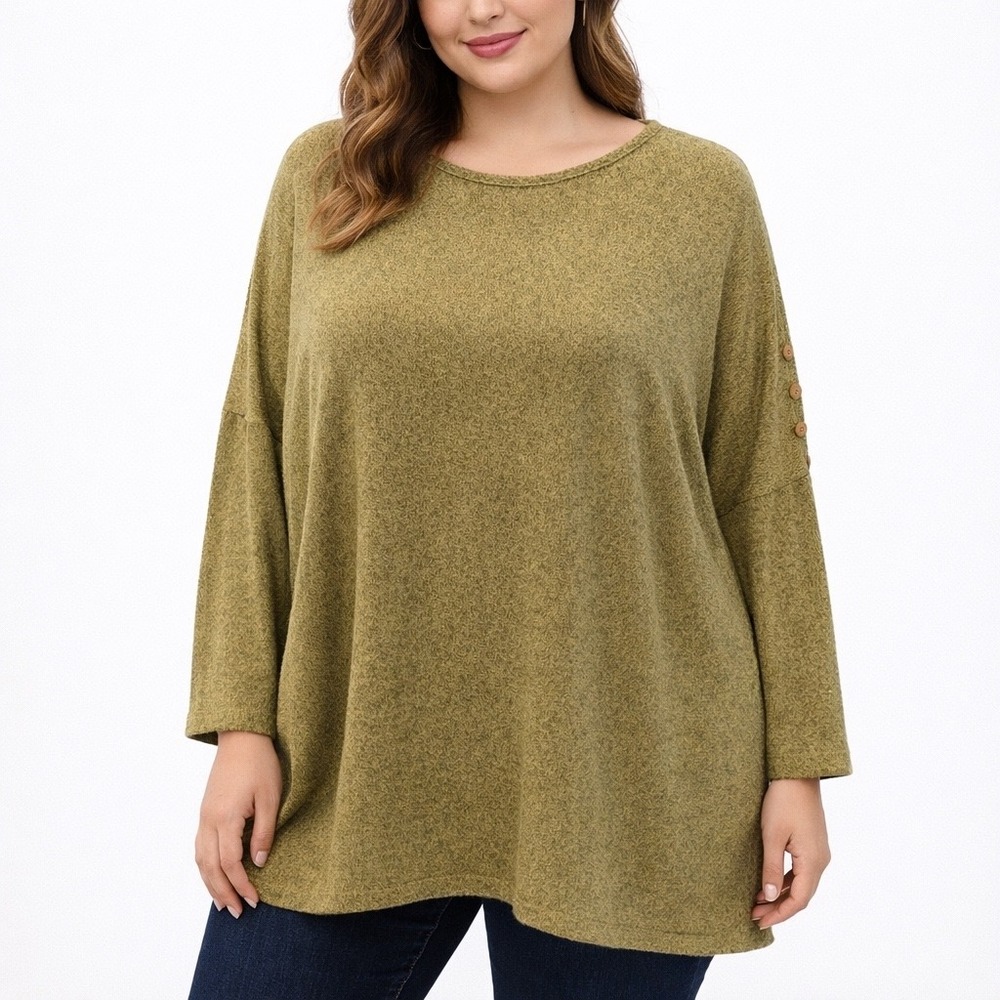 Clara Sunwoo Olive Green Marled Knit Button Shoulder Tunic Top Womens 1X USA